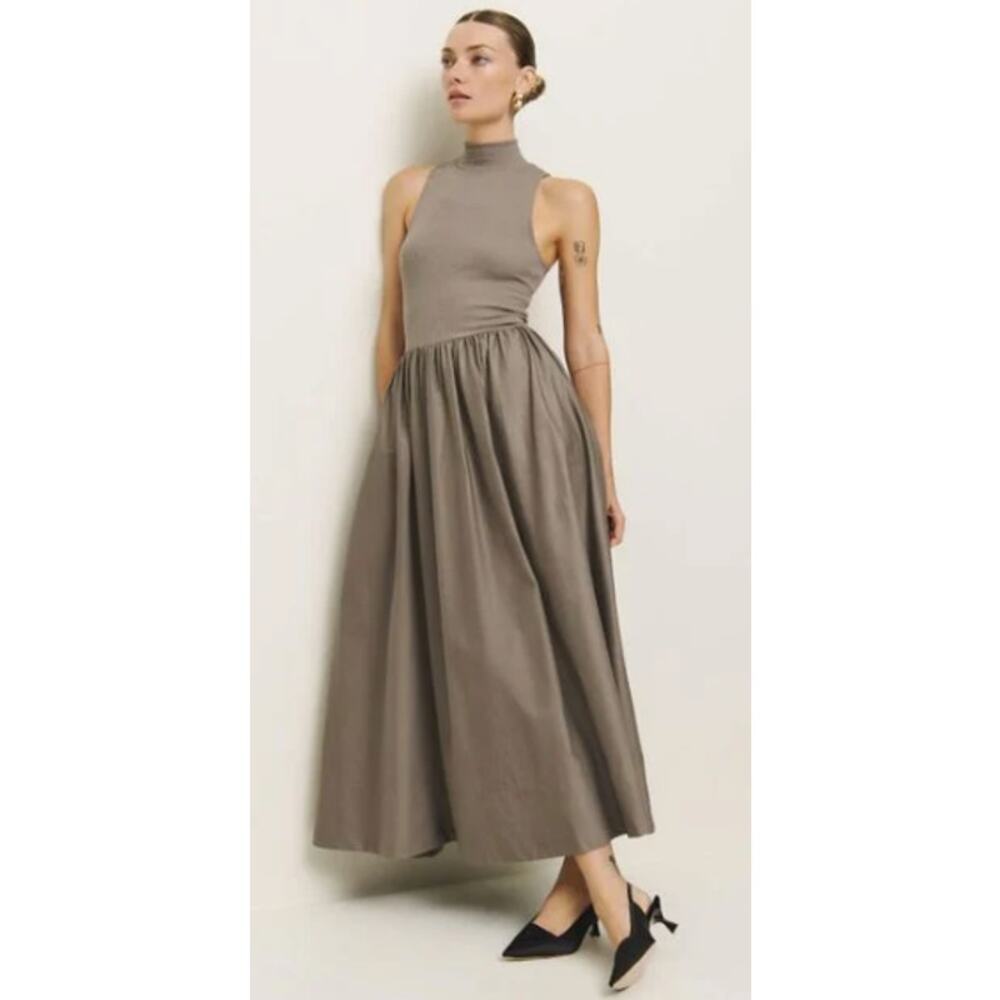Reformation Sai Midi Dress Taupe Mock Neck Sleeveless S NWT